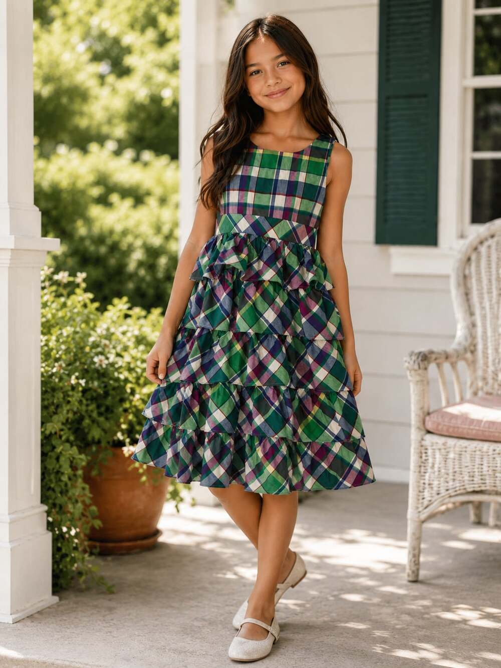 Girls Madras Plaid Tiered Ruffle Dress, Size 14